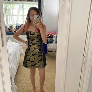 Gold floral jacquard strapless dress!